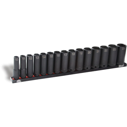 15-PC. Jeu de douilles à chocs profondes métriques à prise 3/8" - 6-PT.