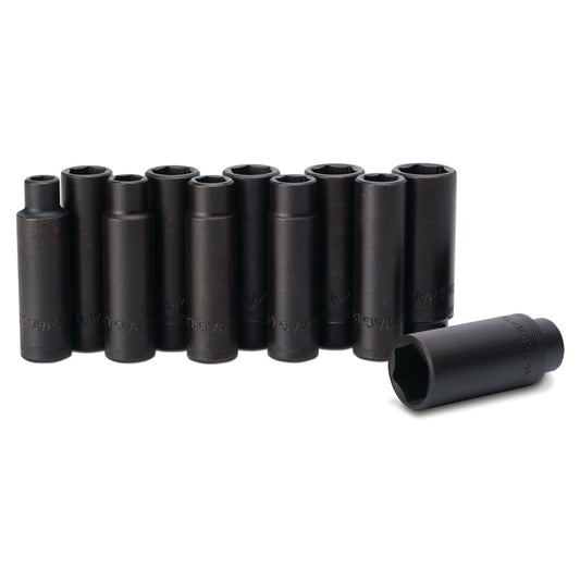 11-PC. Jeu de douilles à chocs profondes métriques à prise 1/2" - 6-PT.