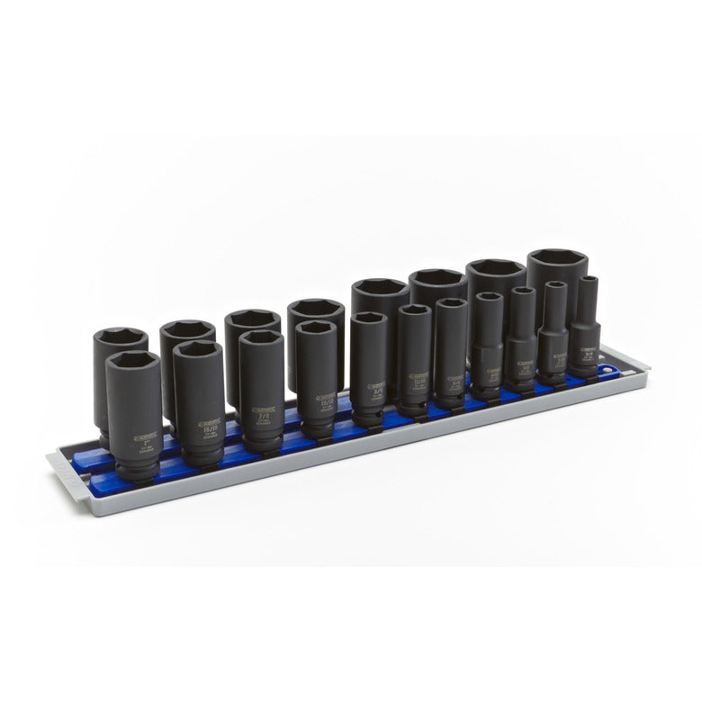19-PC. Jeu de douilles à chocs SAE profondes à prise 1/2" - 6-PT.