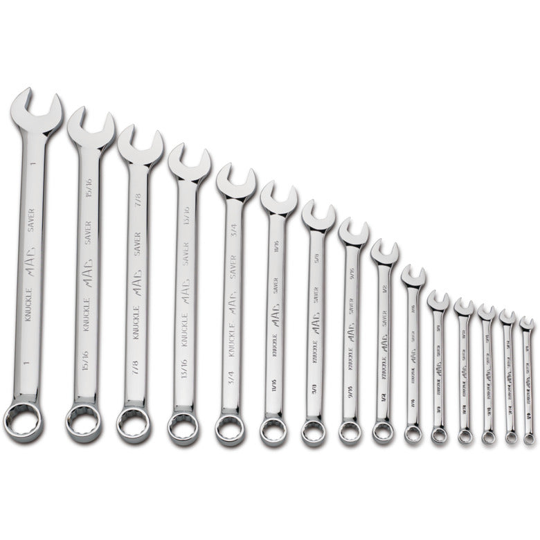 15-PC. SAE Knuckle Saver Combination Wrench Set - 12-PT.