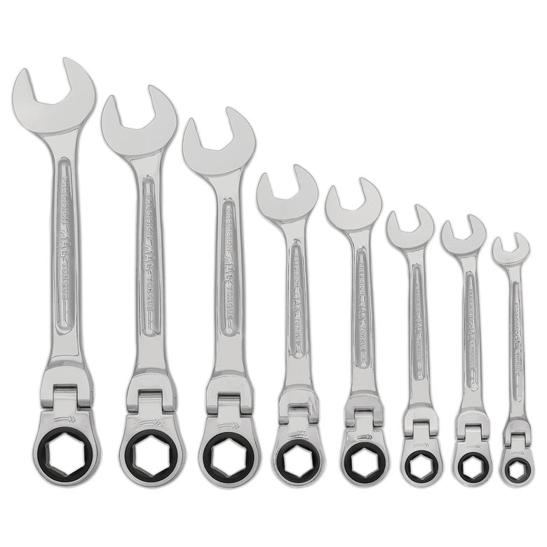 8-PC. SAE Flexible-Head Ratcheting Combination Wrench Set - 6-PT.